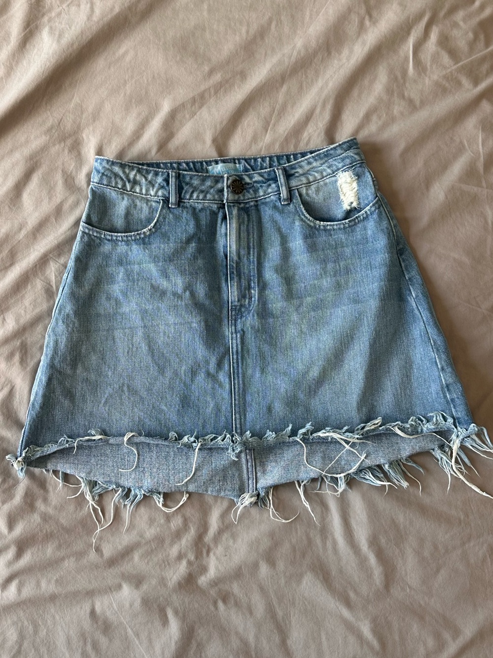 Show Me Your MuMu Light Blue Distressed Denim A-Line Skirt